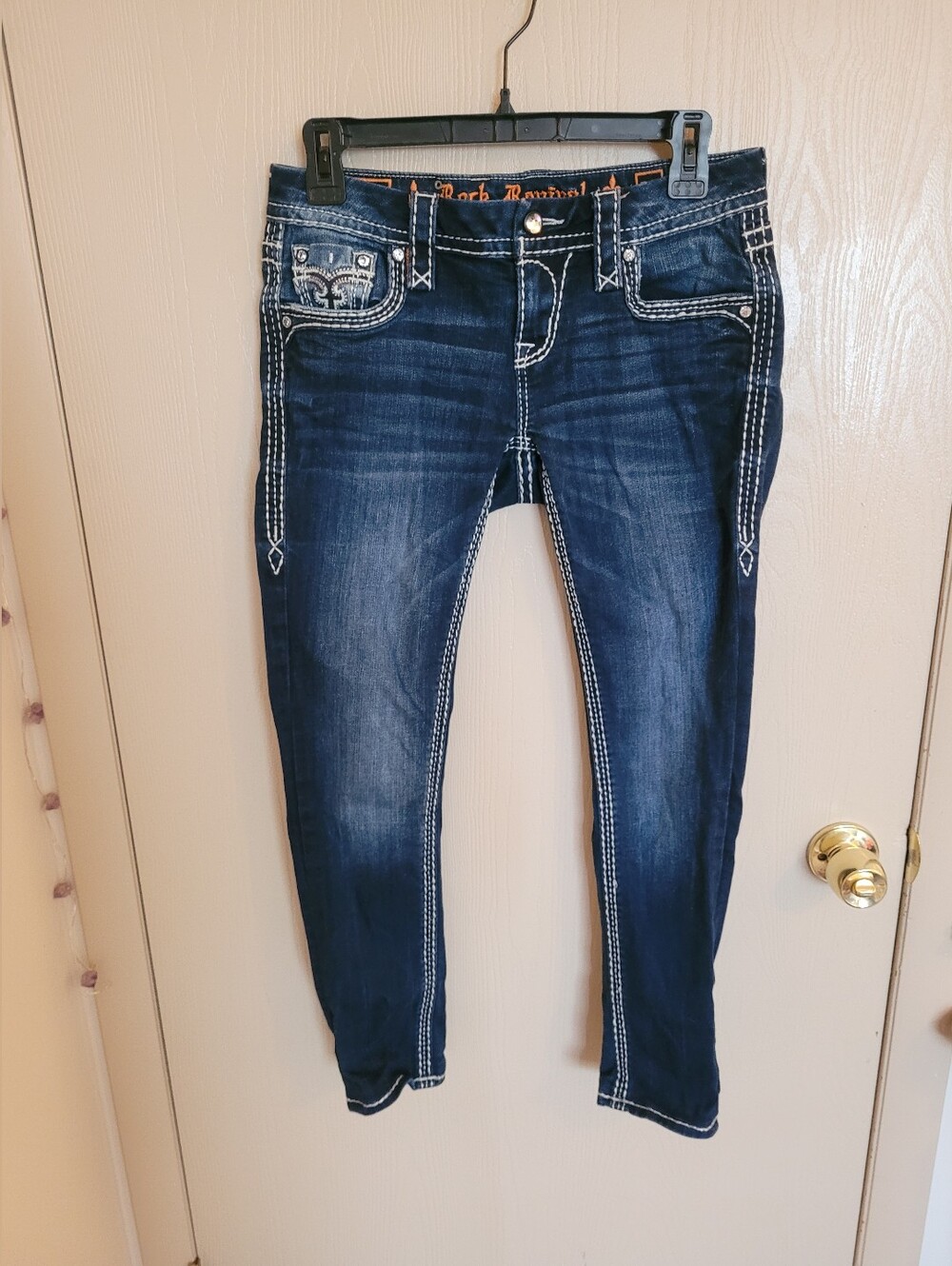 Rock Revival Sundee Womens Dark Wash Skinny Jeans Bedazzled Streetwear Size 25